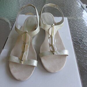 Anne Klein Dustee flex sandals size 8.5M, silver & gold color ,short wedge VGC